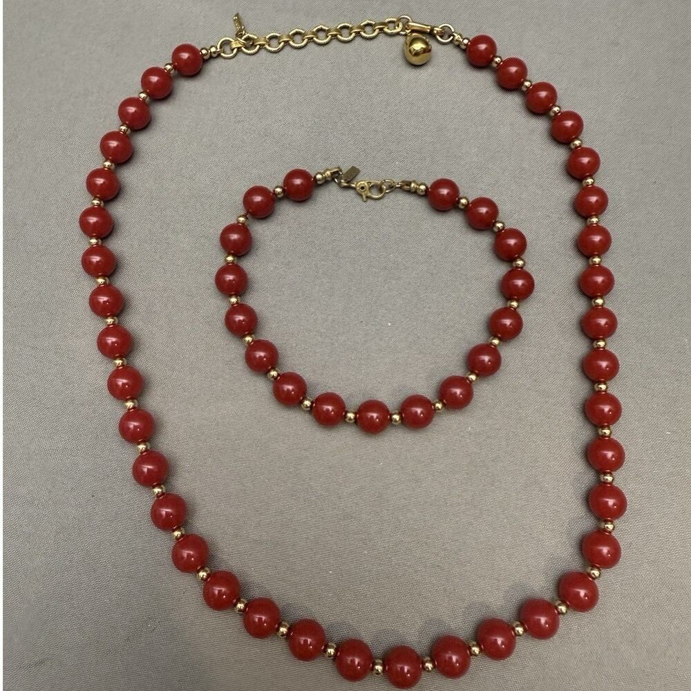 Vintage MONET Red Bead Gold Accent Classic Gold tone Necklace Matching Bracelet